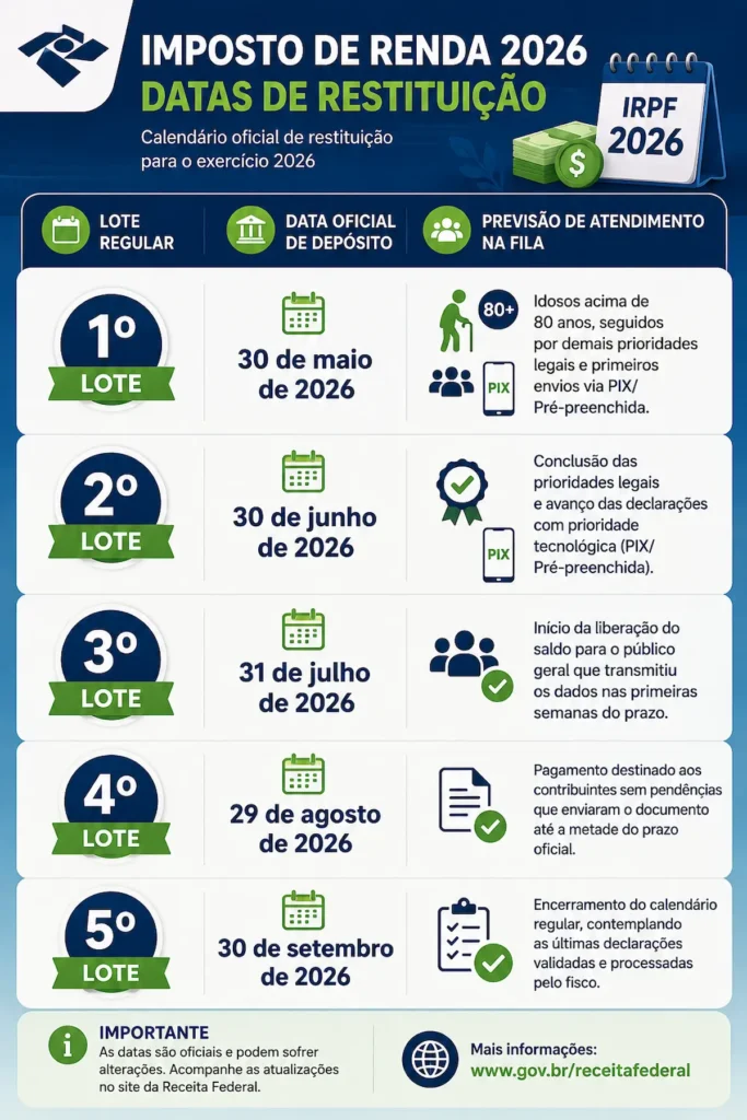 Calendário de restituição IRPF 2026 com as datas dos cinco lotes regulares, de maio a setembro