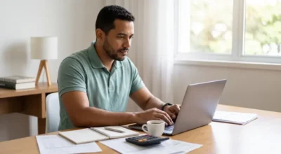 Homem organizando a declaração de dependentes no imposto de renda 2026 em seu notebook.
