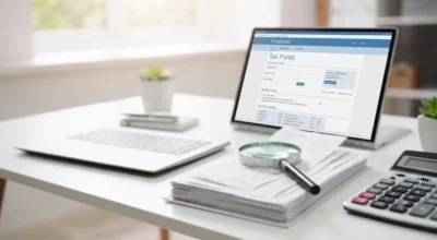 Desktop com documentos fiscais e recibos para declarar despesas médicas dedutíveis no IRPF.