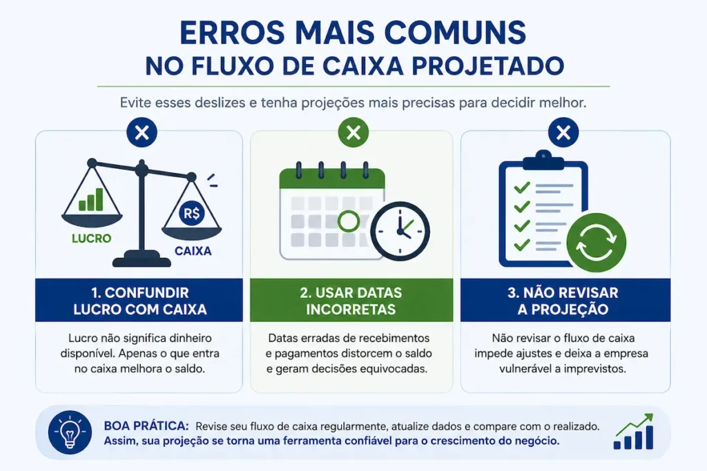 Painel resumo dos erros comuns ao projetar o fluxo de caixa