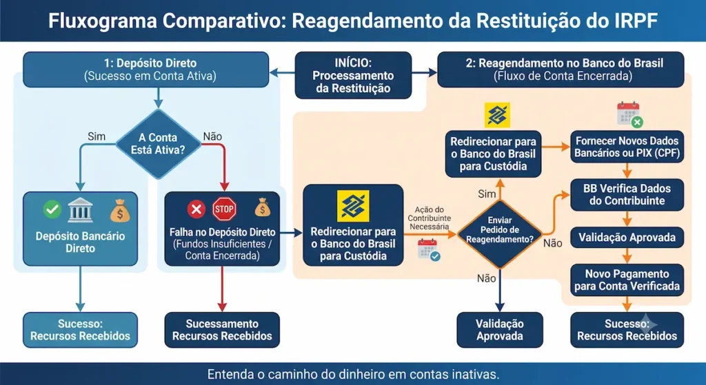 Como Alterar a Conta da Restituição do IRPF 2026 3 Fluxograma comparativo sobre reagendamento de restituição do IRPF no Banco do Brasil.