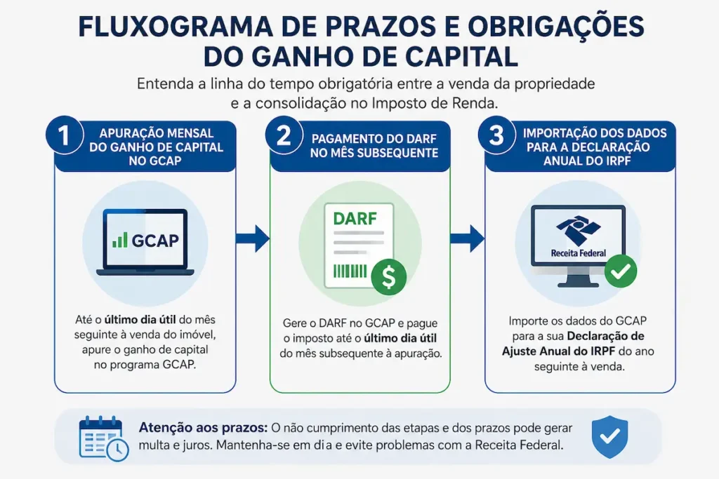 Declarar Venda de Imóvel: 5 Passos Práticos no GCAP 2 Infográfico esquemático mostrando o fluxo de apuração do GCAP e pagamento do DARF ao declarar venda de imóvel.