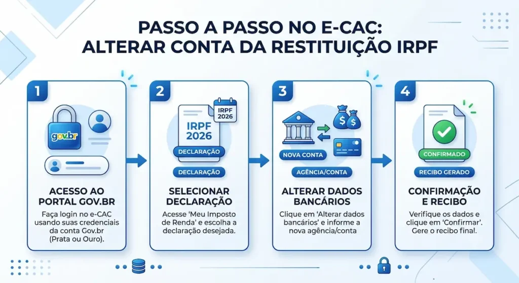 Como Alterar a Conta da Restituição do IRPF 2026 2 Infográfico ilustrando as 4 etapas para alterar a conta da restituição do IRPF no e-CAC.