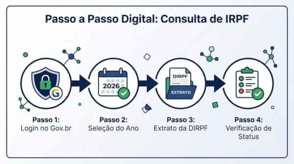 Infográfico com o passo a passo de como consultar a situação da declaração no portal e-CAC.