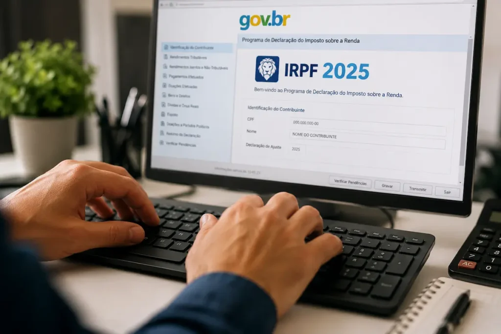 Mãos digitando no teclado durante o preenchimento do programa gerador do Imposto de Renda.