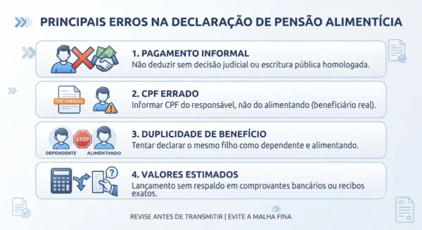 Resumo infográfico com os erros comuns na declaração de pensão alimentícia.