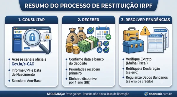 Esquema infográfico com o resumo do passo a passo para consultar e receber a restituição do IRPF.