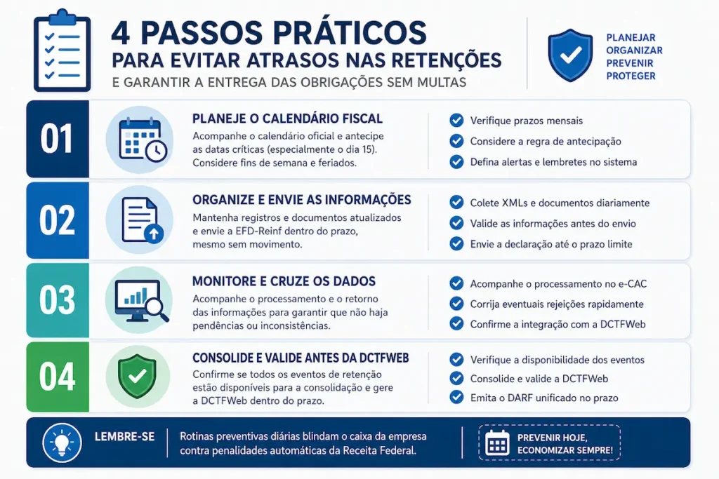 Infográfico resumindo os quatro passos preventivos para evitar multas em obrigações acessórias.