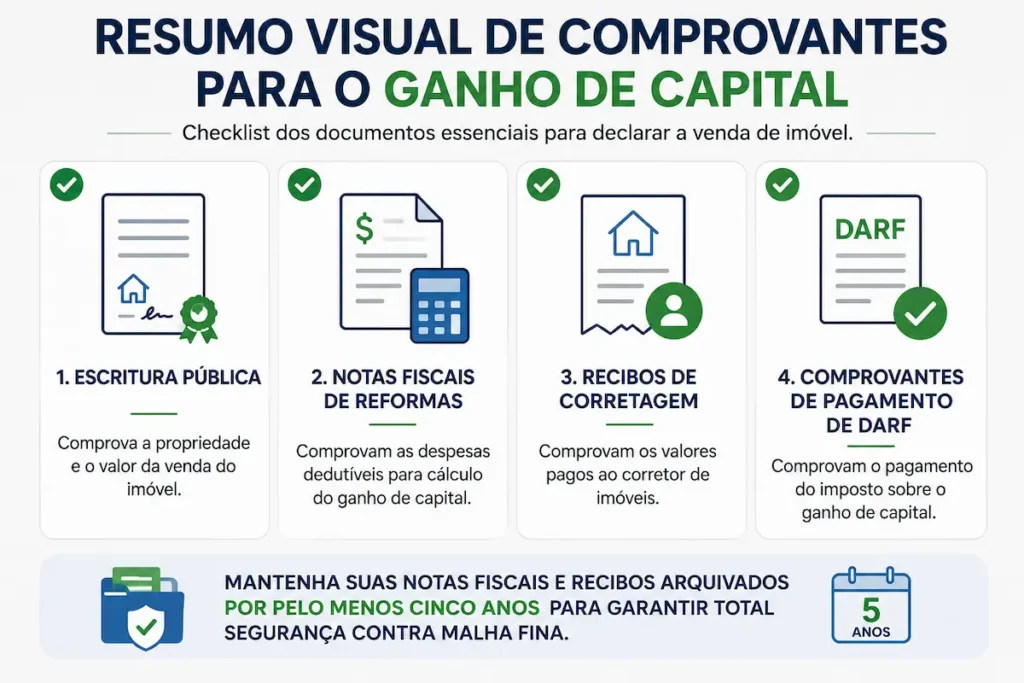Declarar Venda de Imóvel: 5 Passos Práticos no GCAP 3 Checklist visual com os documentos fundamentais para declarar venda de imóvel.