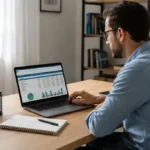 Pessoa analisando cronograma financeiro no computador em um escritório doméstico iluminado para a restituição irpf 2026.