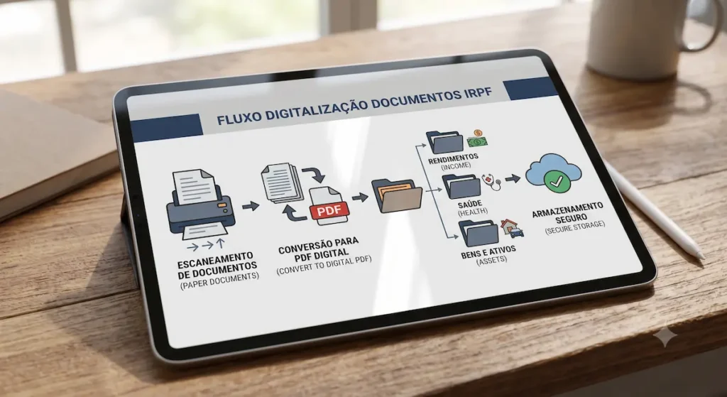 Diagrama na tela de um tablet exemplificando o fluxo correto de digitalização e guarda de comprovantes fiscais e documentos para declarar o imposto de renda.