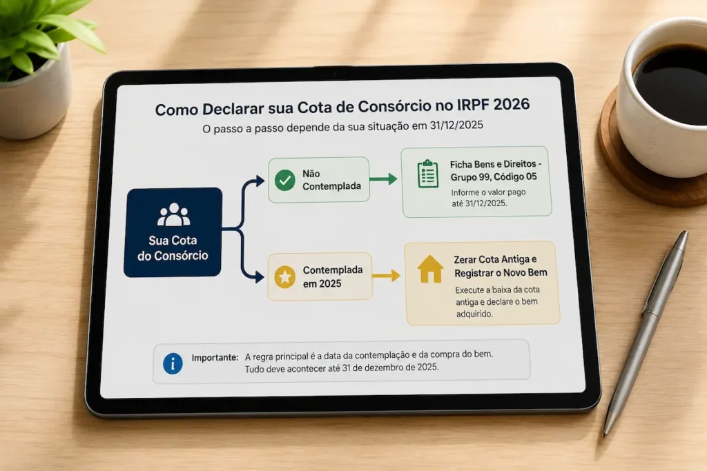Infográfico simples exibindo fluxo de decisão entre cota de consórcio contemplada e não contemplada no imposto de renda.