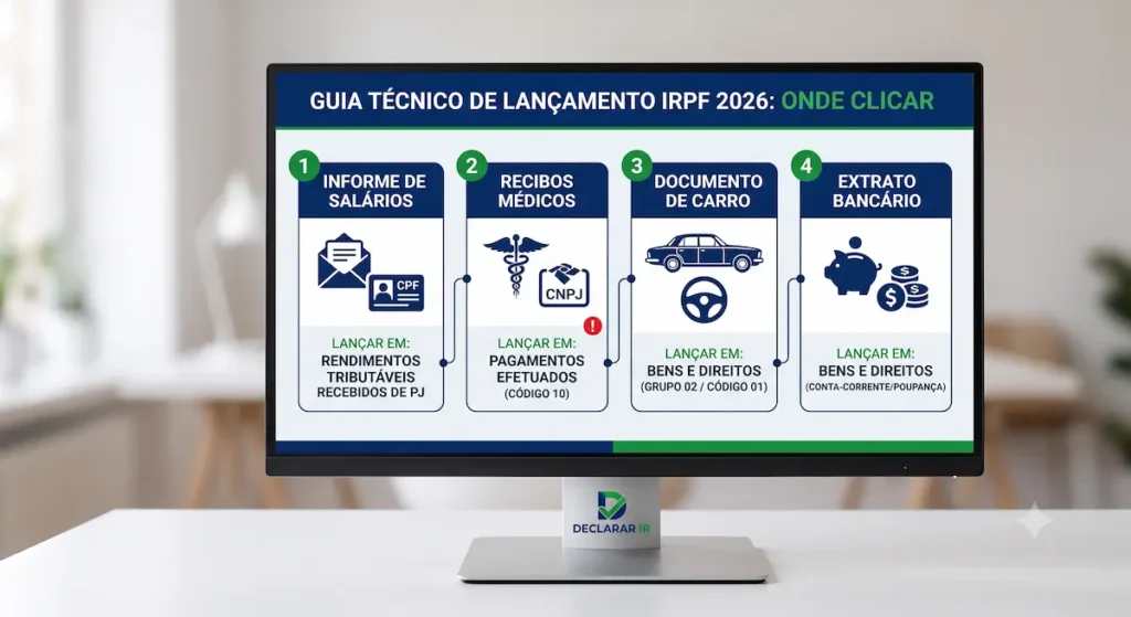 Infográfico realista em tela de computador com guia passo a passo indicando onde lançar informes de salários, recibos médicos e documentos de carro nas fichas do programa IRPF 2026.