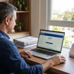 Intimação da receita federal: contribuinte organizando documentos em frente ao computador.