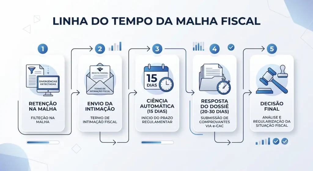 Infográfico com a linha do tempo e prazos de resposta da intimação da Receita Federal.