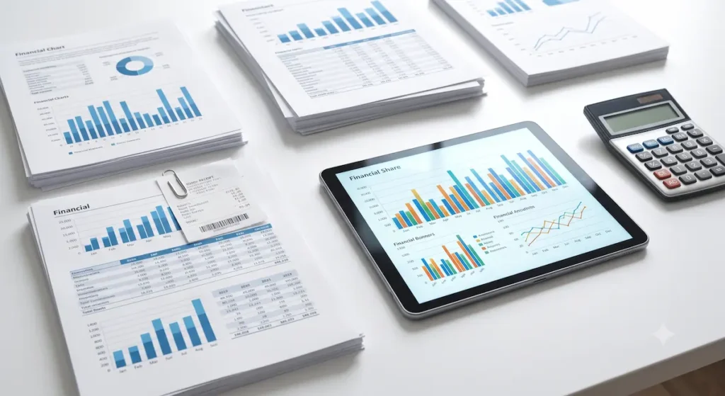 Documentos financeiros organizados com gráficos e relatórios dispostos ao lado de um tablet e calculadora, ilustrando a organização de comprovantes de despesas médicas para a malha fina do irpf.