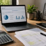 Mesa de trabalho organizada com notebook e documentos simulando a análise para envio da declaração retificadora irpf.