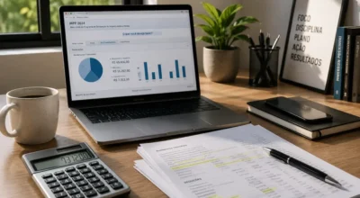 Mesa de trabalho organizada com notebook e documentos simulando a análise para envio da declaração retificadora irpf.