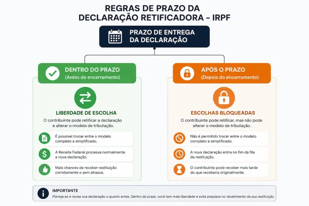 Infográfico explicativo detalhando as regras de prazo da declaração retificadora irpf.