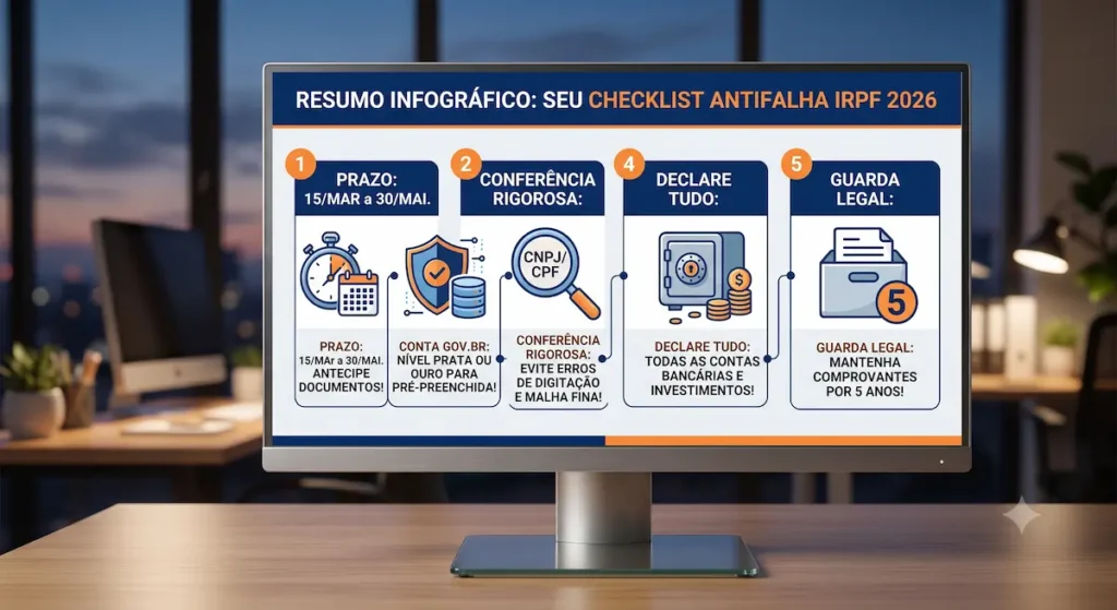Resumo infográfico final em painel de metal e glass mostrando um checklist para o IRPF 2026, com prazos, a necessidade de conta Gov.br Prata/Ouro, conferência rigorosa e a guarda de documentos por 5 anos.