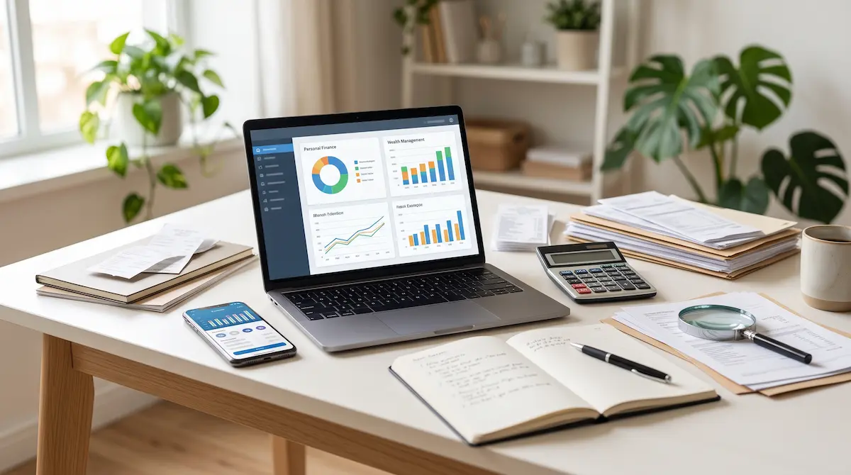 Mesa de trabalho com notebook, calculadora e documentos para organização declarar consórcio na declaração do Imposto de Renda.